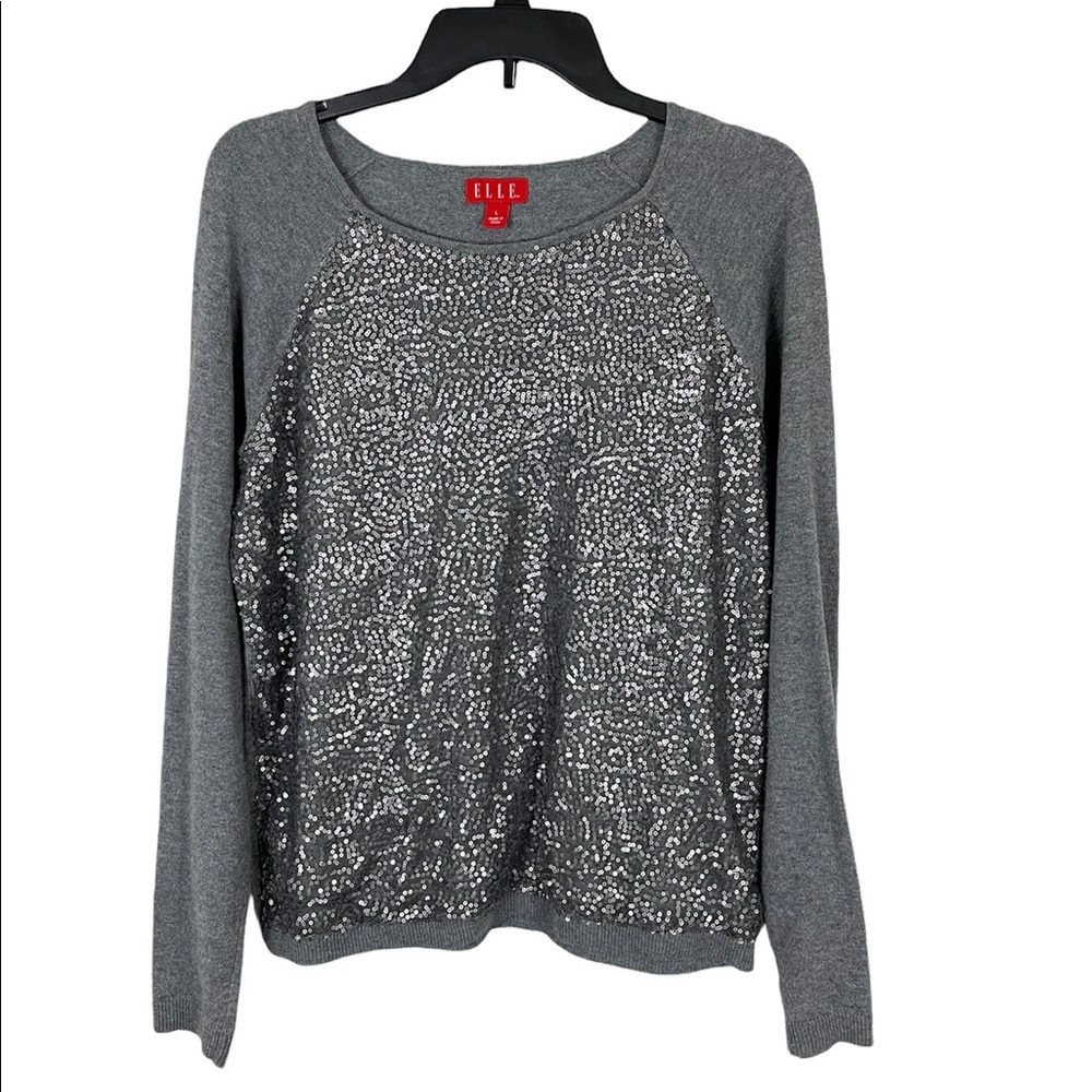 Elle Gray Crew Neck Front Sequin Sweater - Large